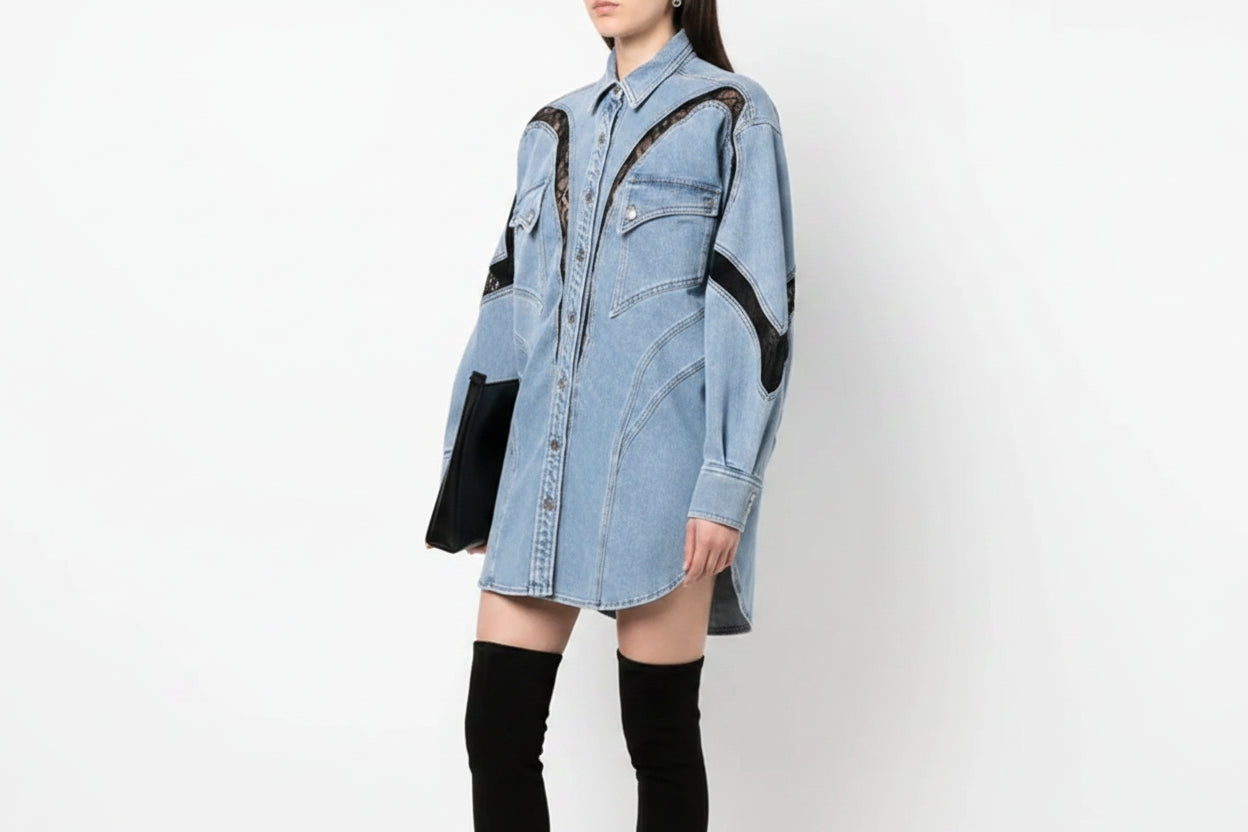 Robe chemise denim bleu oversized manches longues