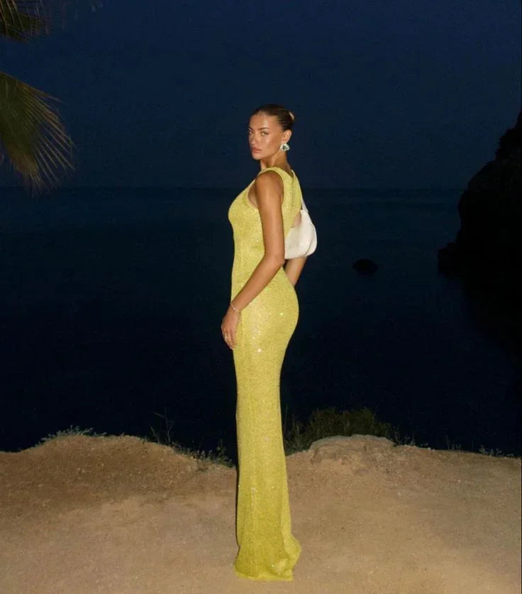 Robe longue femme scintillante ajustée sans manches soirée