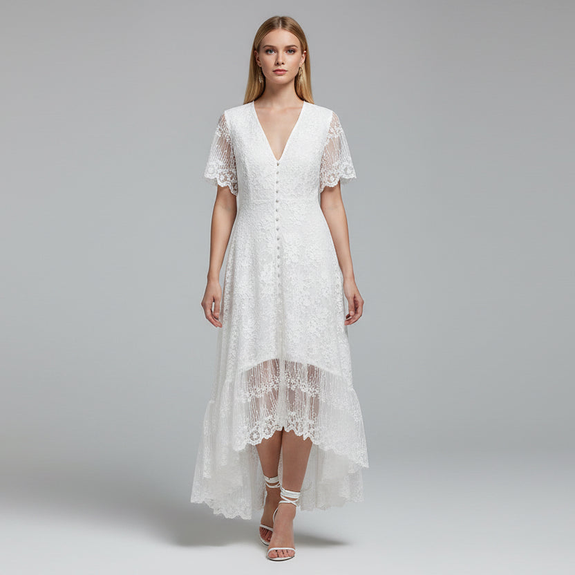Robe Été Blanche Dentelle Coupe Haute-Basse Col V 1 Coloris | ROBEMODE