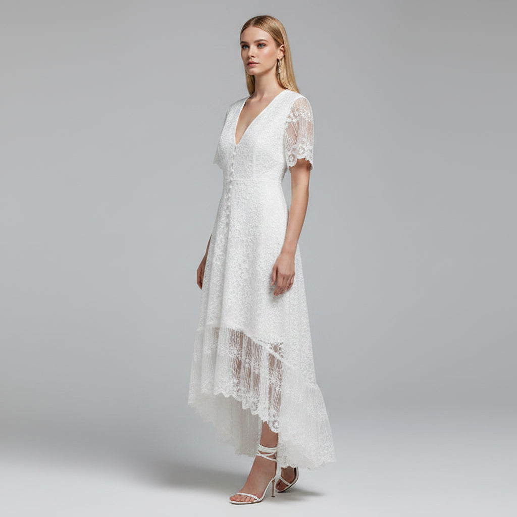 Robe Été Blanche Dentelle Coupe Haute-Basse Col V 1 Coloris | ROBEMODE