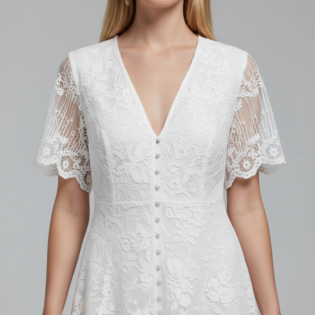Robe Été Blanche Dentelle Coupe Haute-Basse Col V 1 Coloris | ROBEMODE