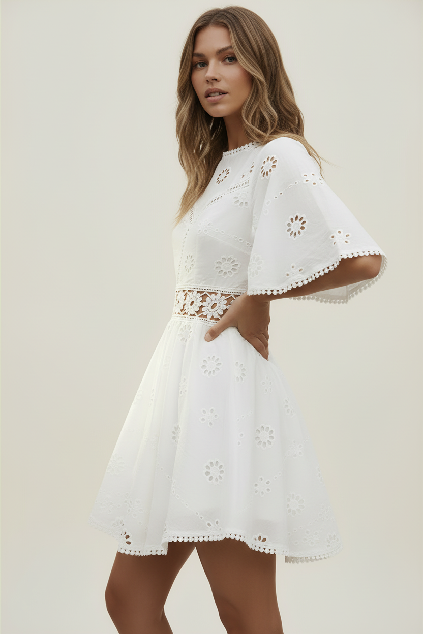 Mini Robe Dos Nu Brodée Femme | Coton Blanc Broderie Florale Casual Chic Été | ROBEMODE
