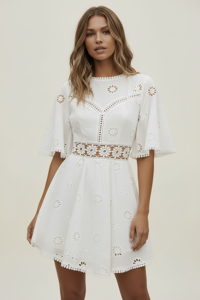 Mini Robe Dos Nu Brodée Femme | Coton Blanc Broderie Florale Casual Chic Été | ROBEMODE