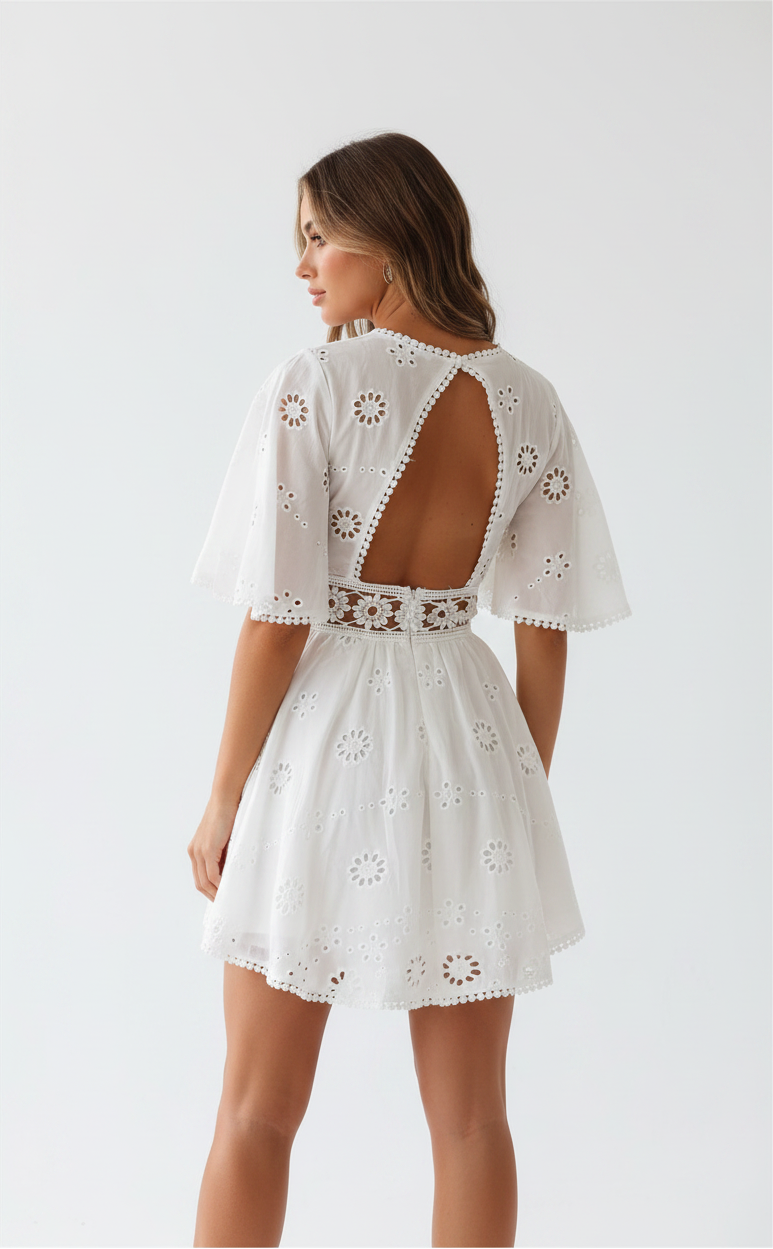 Mini Robe Dos Nu Brodée Femme | Coton Blanc Broderie Florale Casual Chic Été | ROBEMODE