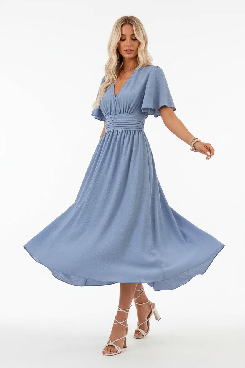 Robe Fluide Femme à Volants Col V | Manches Papillon Mi-Longue Casual Été | ROBEMODE