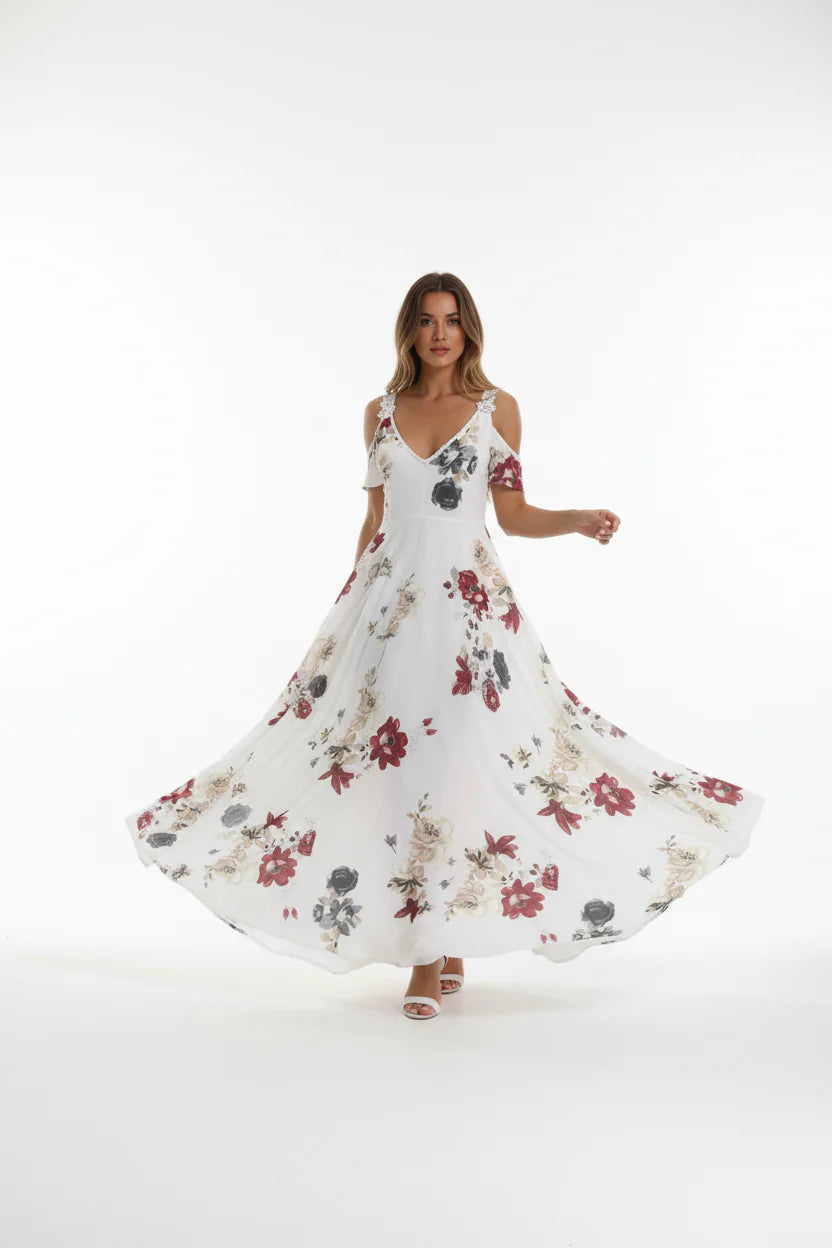 Robe longue fluide femme en dentelle – Col V sans manches | ROBEMODE