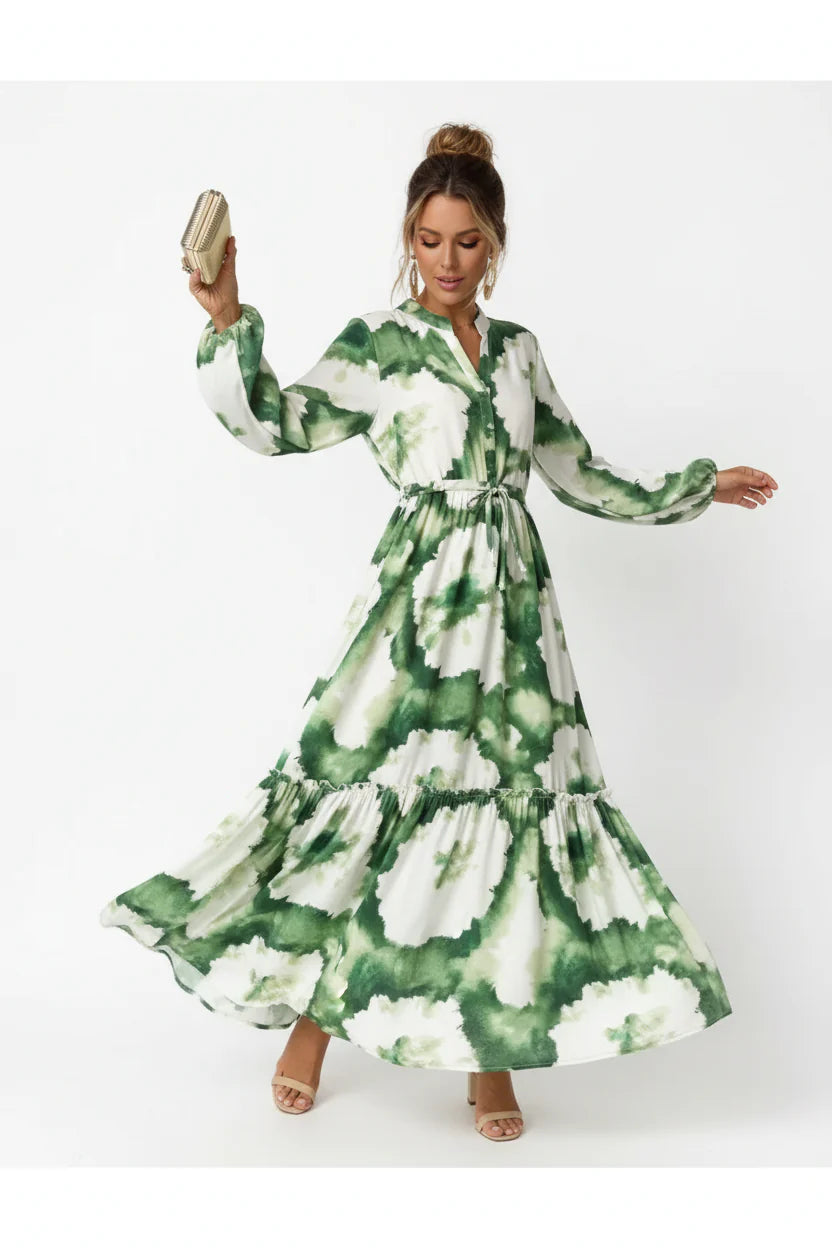 Robe Longue Bohème Femme Imprimée | Manches Longues Col V Laçage Fluide Été | ROBEMODE