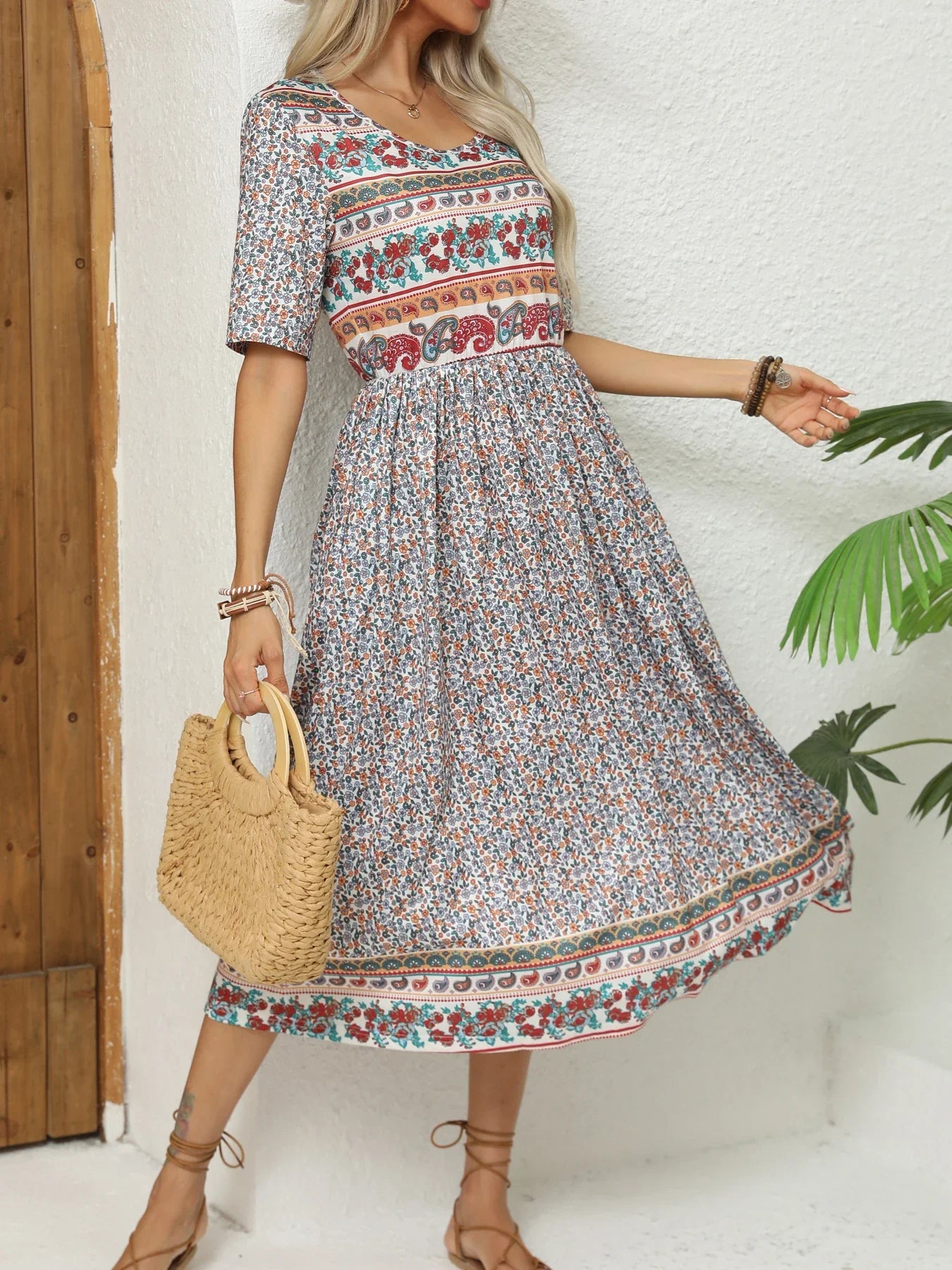 Robe Bohème Imprimée Femme | Col Rond Manches Courtes Poches Coupe Ample | ROBEMODE