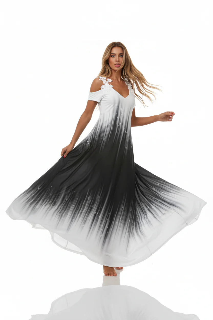 Robe longue fluide femme en dentelle – Col V sans manches | ROBEMODE