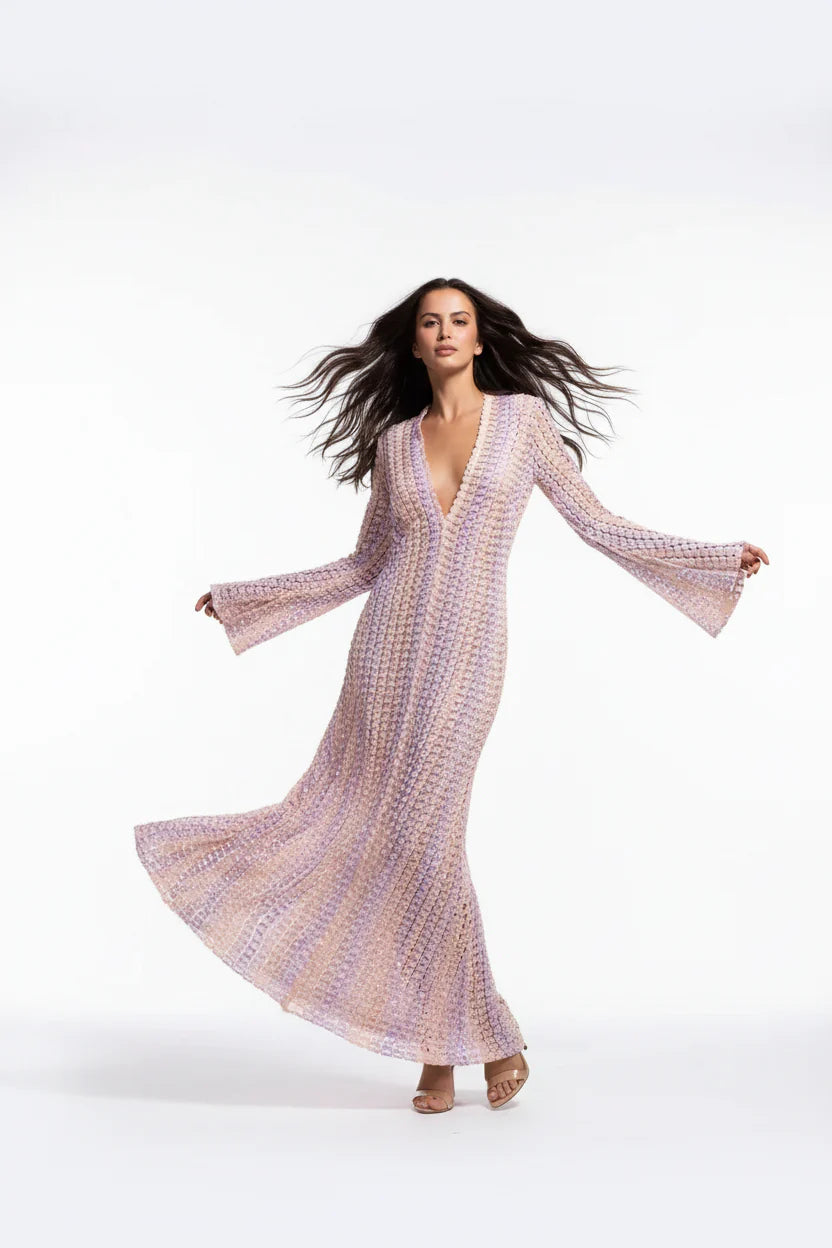 Robe Longue Sirène Femme Ajourée | Crochet Floral Col V Manches Évasées Élégante | ROBEMODE