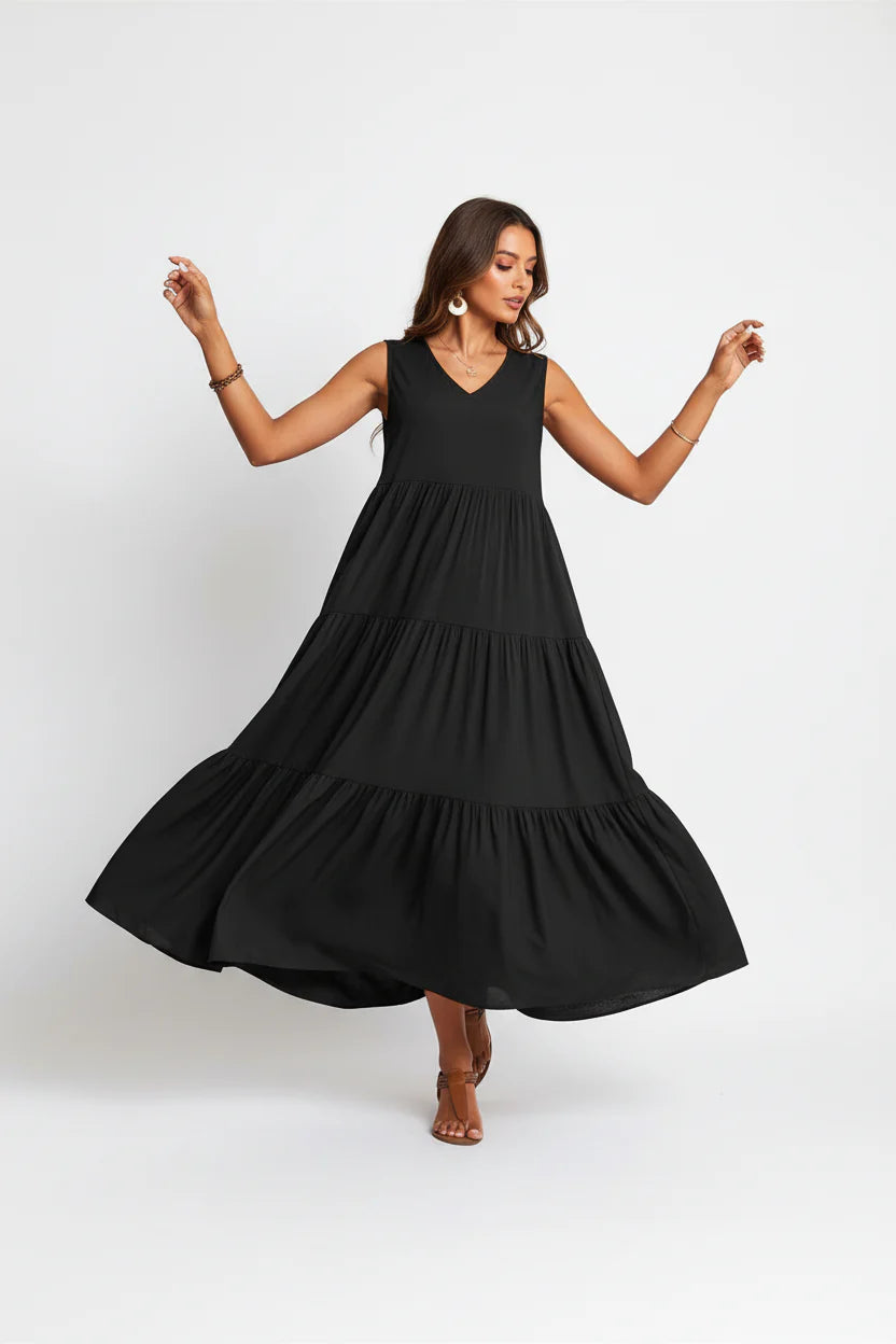 Robe Casual Chic Femme Sans Manches | Col V Mi-Mollet Coupe Ample Légère | ROBEMODE