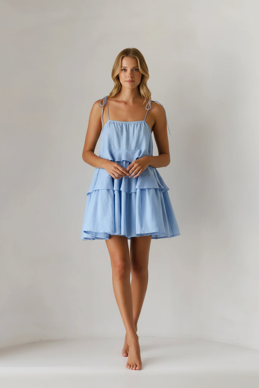 Mini Robe d'Été Coton Femme | Bretelles Sans Manches Froufrous Plage Casual | ROBEMODE