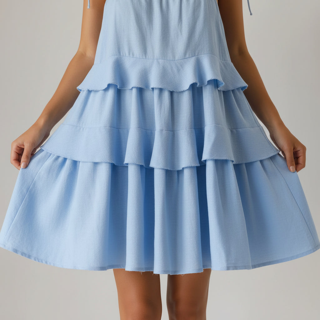 Mini Robe d'Été Coton Femme | Bretelles Sans Manches Froufrous Plage Casual | ROBEMODE