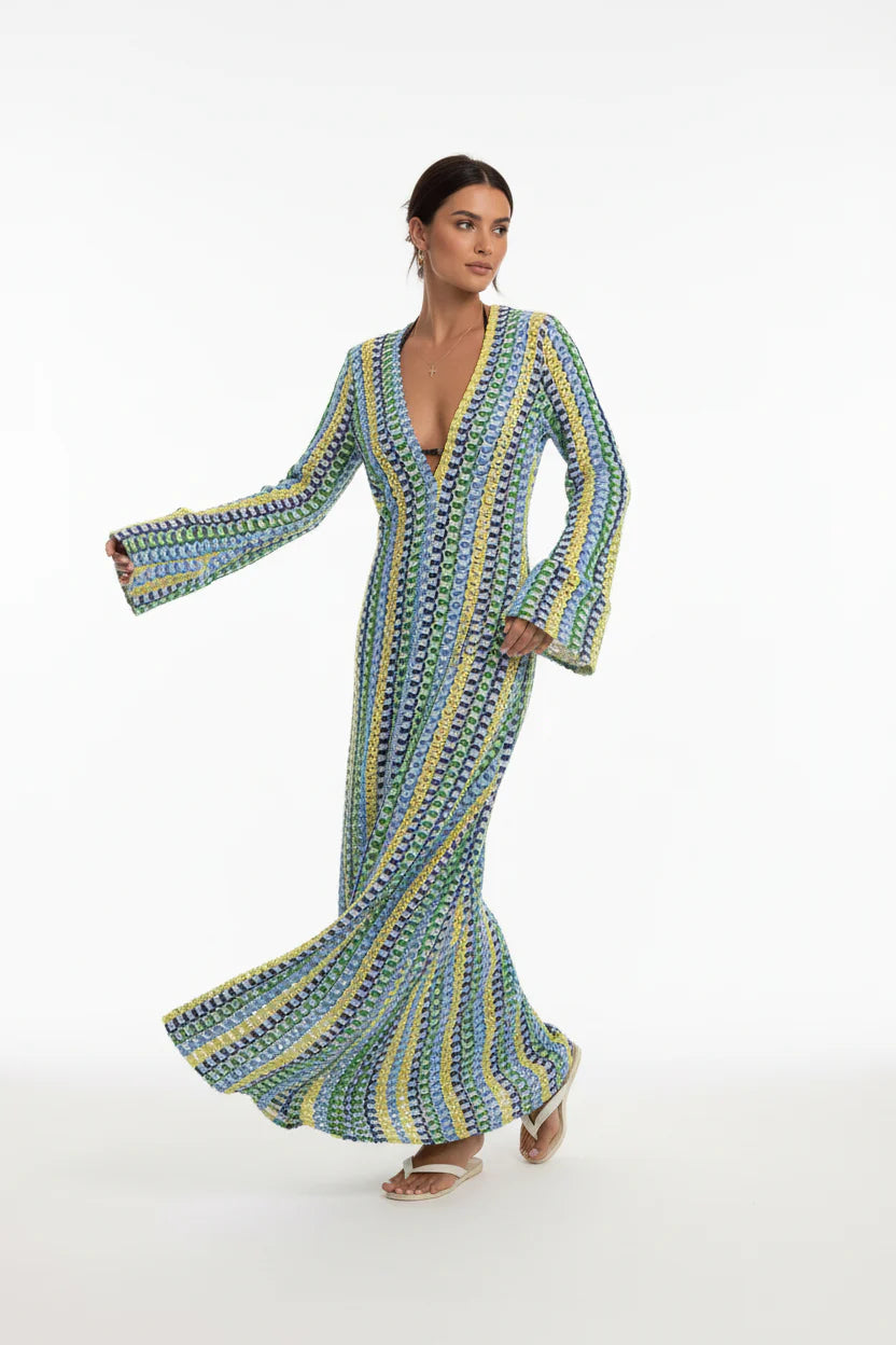 Robe Longue Sirène Femme Ajourée | Crochet Floral Col V Manches Évasées Élégante | ROBEMODE