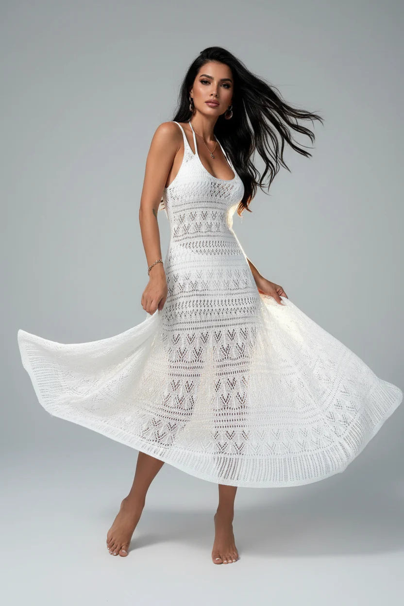 Robe longue ajourée pour femme – Coupe fluide à fines bretelles, esprit estival | ROBEMODE