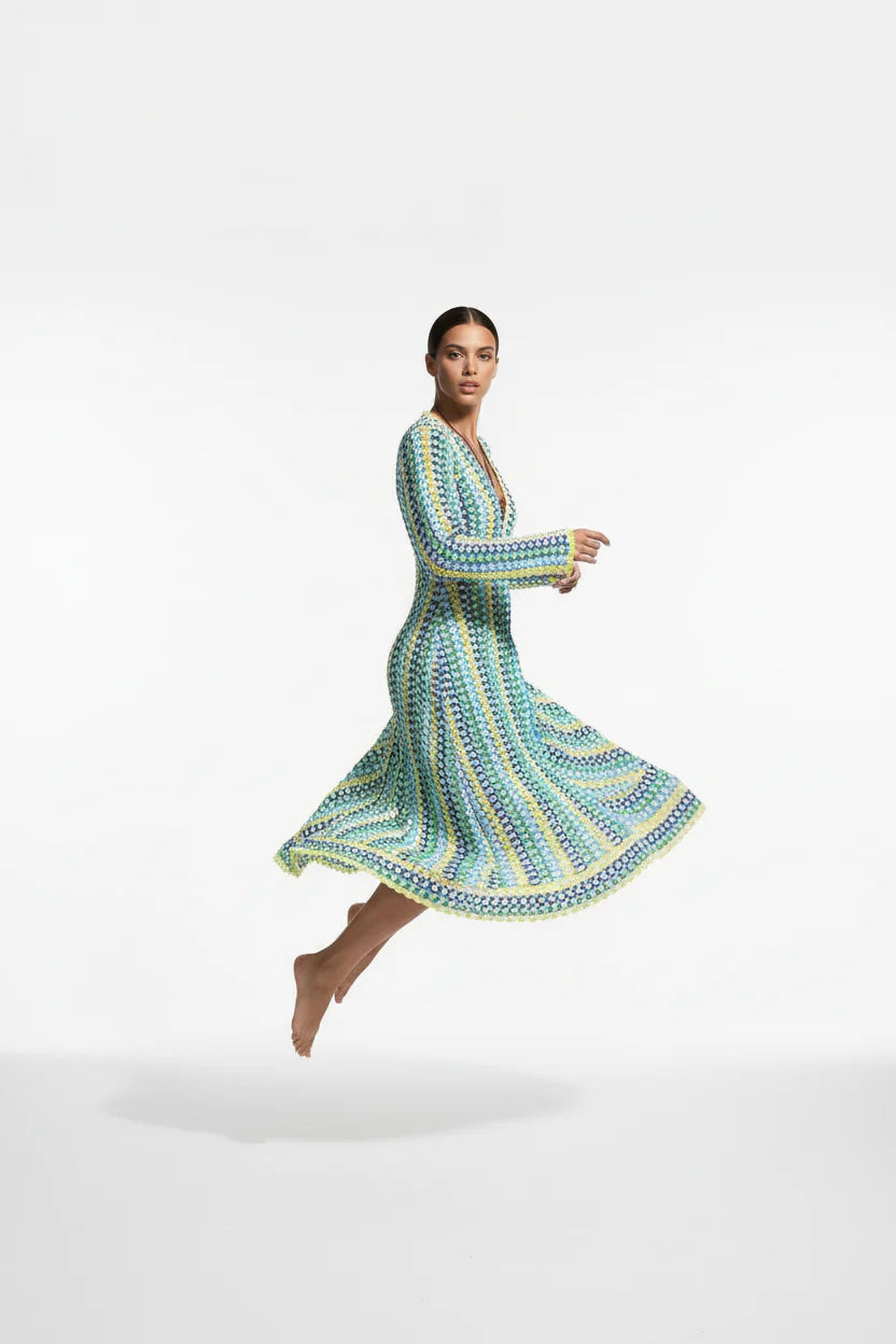 Robe Longue Sirène Femme Ajourée | Crochet Floral Col V Manches Évasées Élégante | ROBEMODE