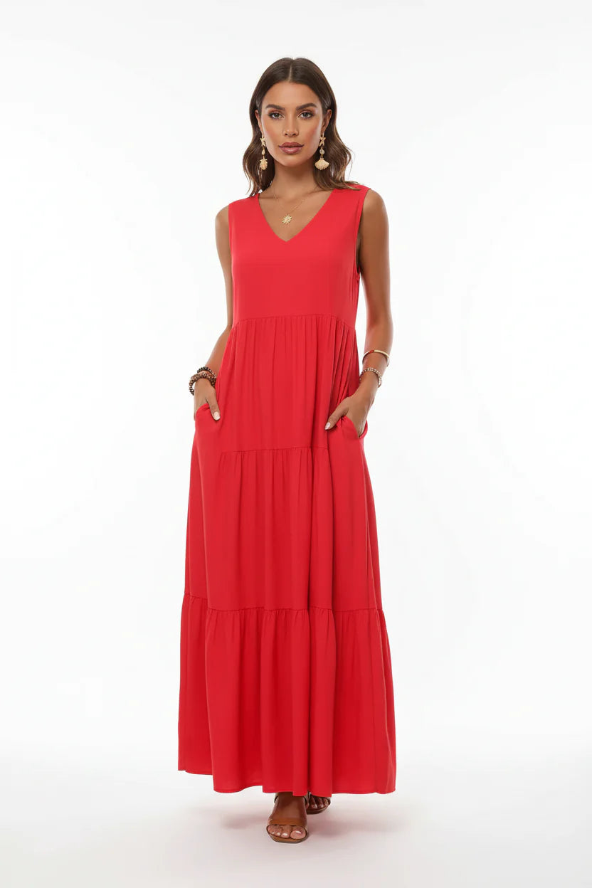 Robe Casual Chic Femme Sans Manches | Col V Mi-Mollet Coupe Ample Légère | ROBEMODE