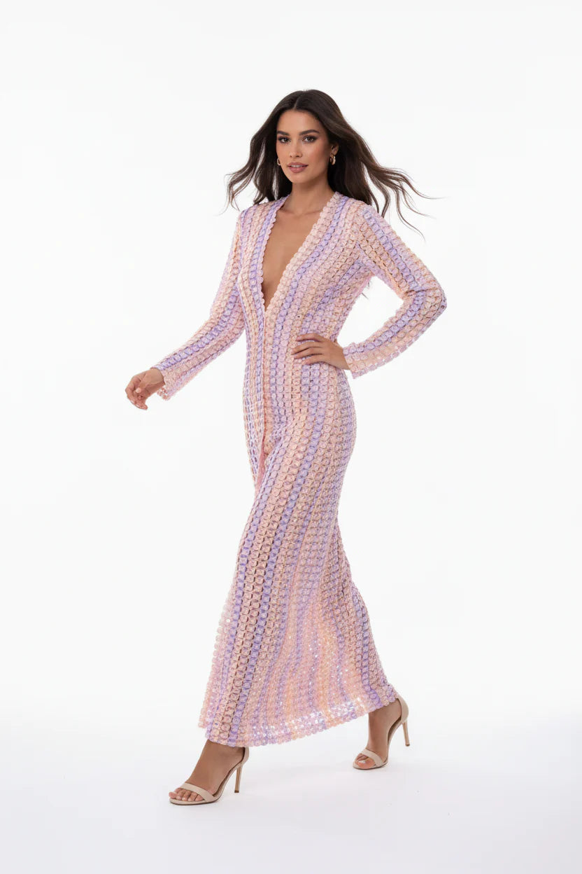 Robe Longue Sirène Femme Ajourée | Crochet Floral Col V Manches Évasées Élégante | ROBEMODE