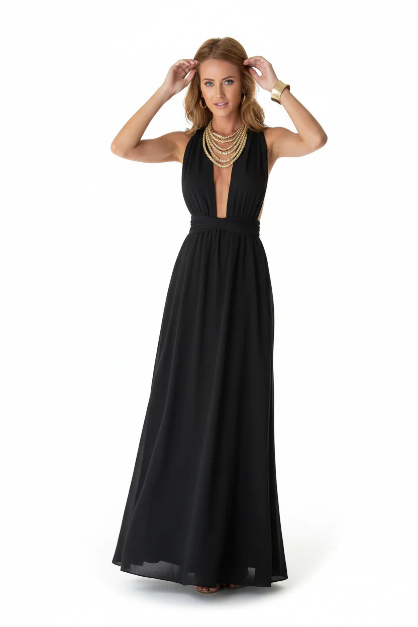 Robe longue bohème pour femme – Coupe fluide à col V multi-positions | ROBEMODE