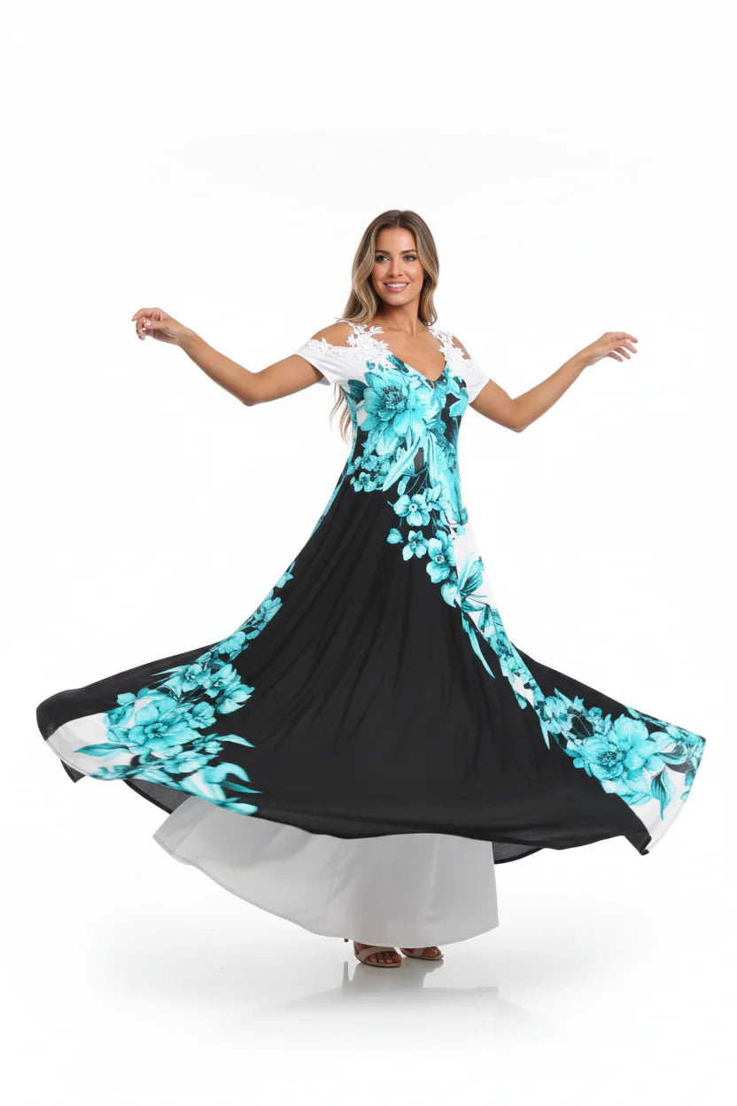 Robe longue fluide femme en dentelle – Col V sans manches | ROBEMODE