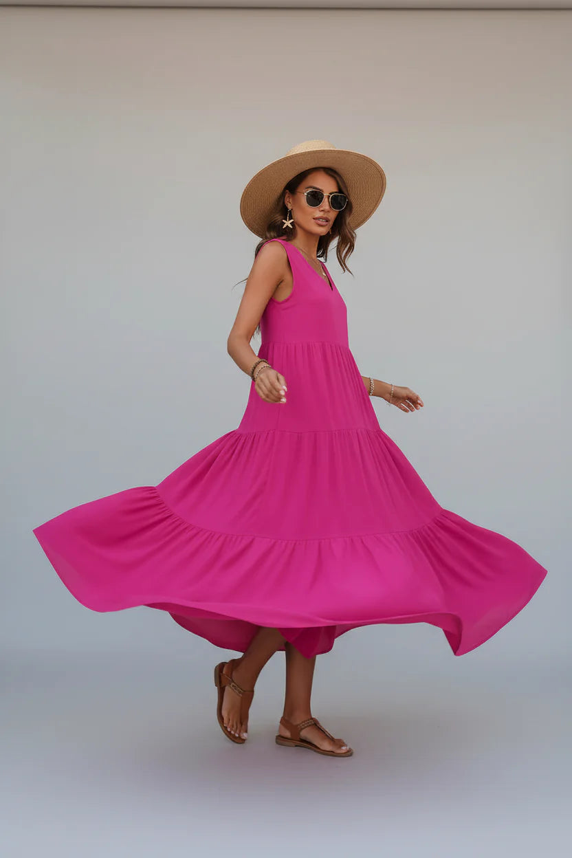 Robe Casual Chic Femme Sans Manches | Col V Mi-Mollet Coupe Ample Légère | ROBEMODE