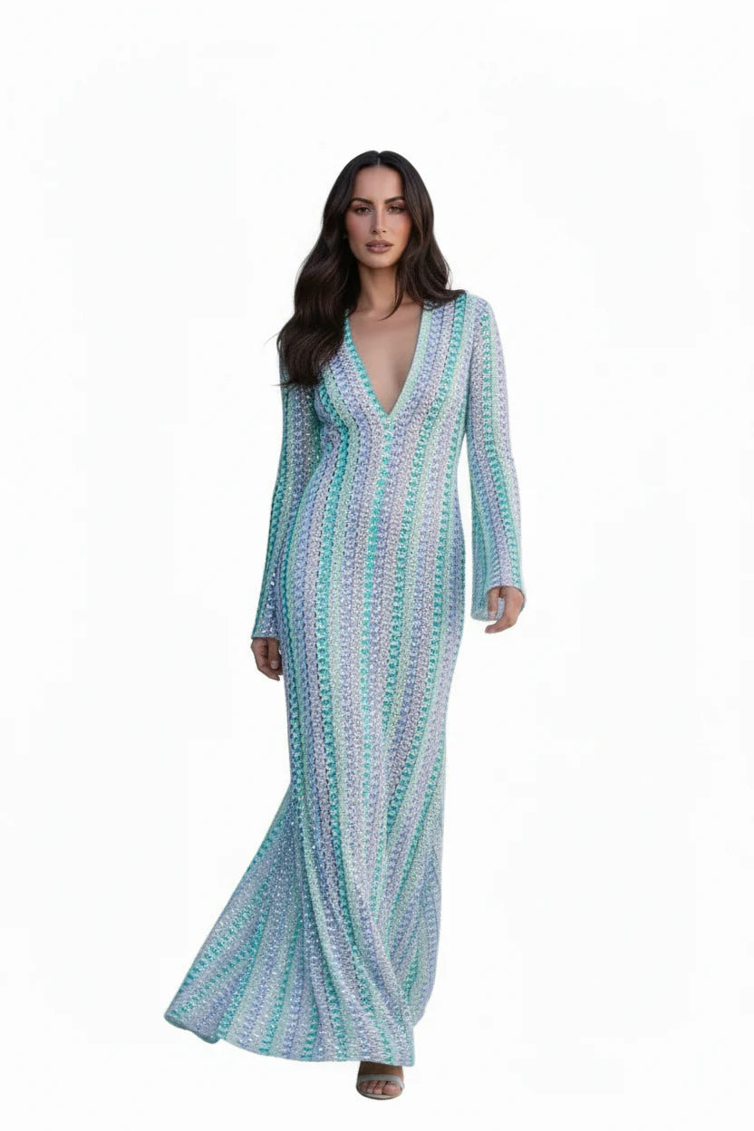 Robe Longue Sirène Femme Ajourée | Crochet Floral Col V Manches Évasées Élégante | ROBEMODE