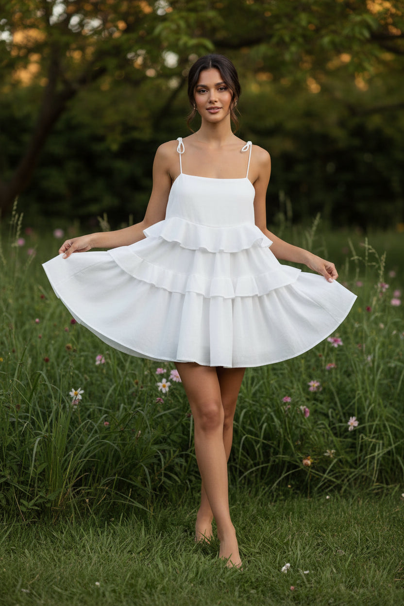 Mini Robe d'Été Coton Femme | Bretelles Sans Manches Froufrous Plage Casual | ROBEMODE