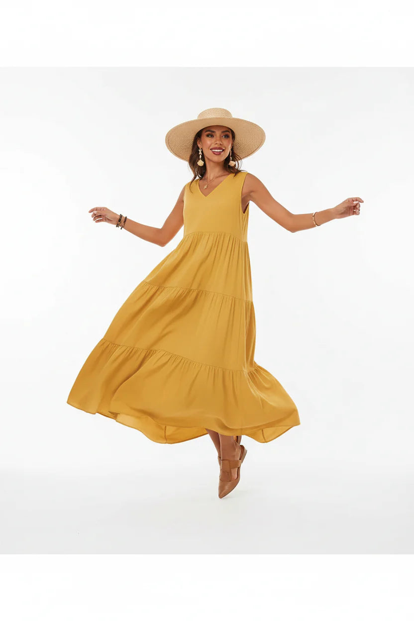 Robe Casual Chic Femme Sans Manches | Col V Mi-Mollet Coupe Ample Légère | ROBEMODE