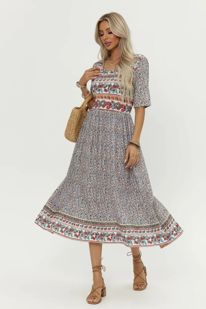 Robe Bohème Imprimée Femme | Col Rond Manches Courtes Poches Coupe Ample | ROBEMODE