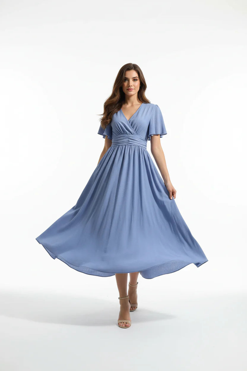 Robe Fluide Femme à Volants Col V | Manches Papillon Mi-Longue Casual Été | ROBEMODE
