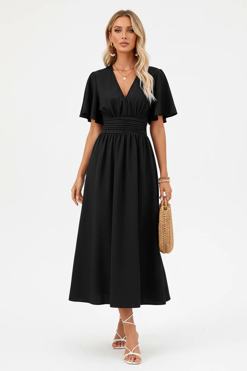 Robe Fluide Femme à Volants Col V | Manches Papillon Mi-Longue Casual Été | ROBEMODE