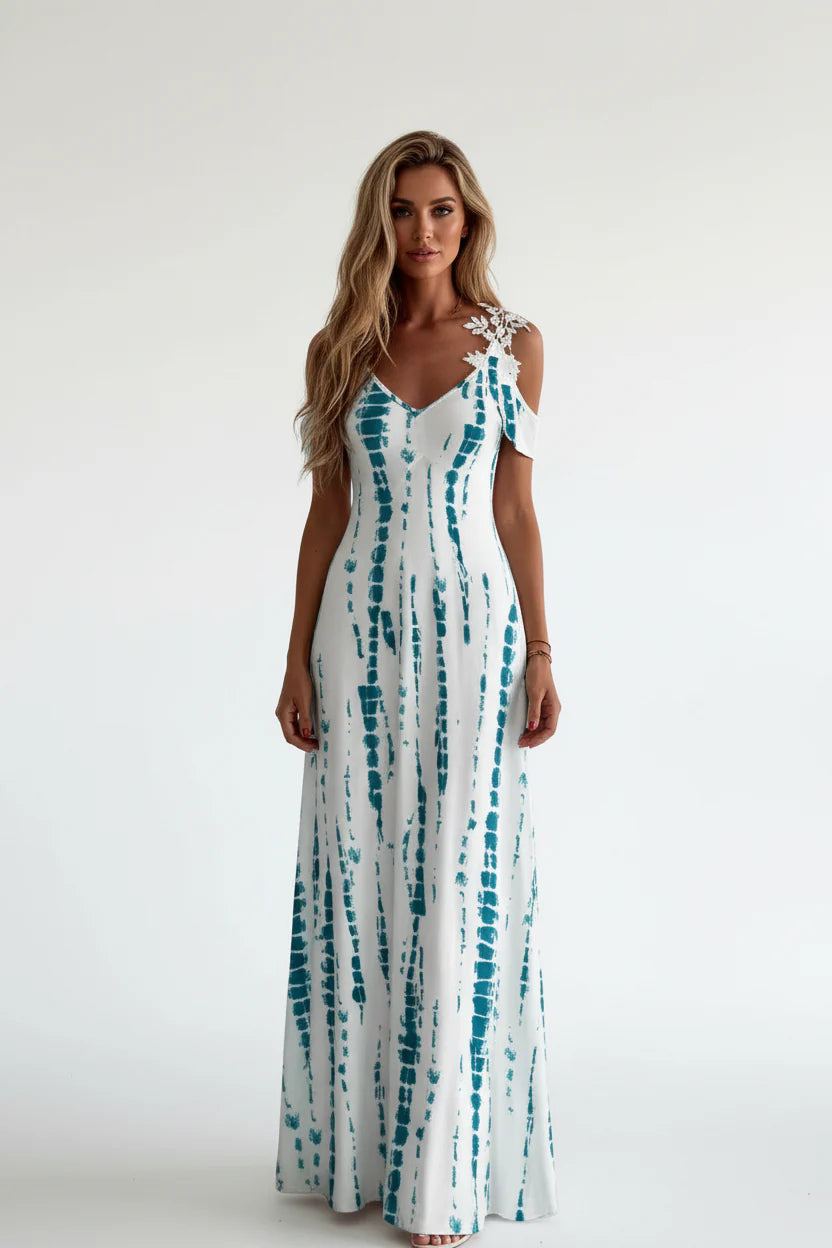 Robe longue fluide femme en dentelle – Col V sans manches | ROBEMODE