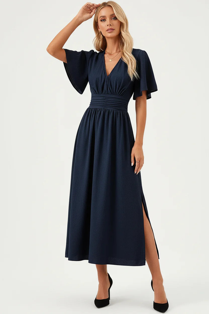Robe Fluide Femme à Volants Col V | Manches Papillon Mi-Longue Casual Été | ROBEMODE