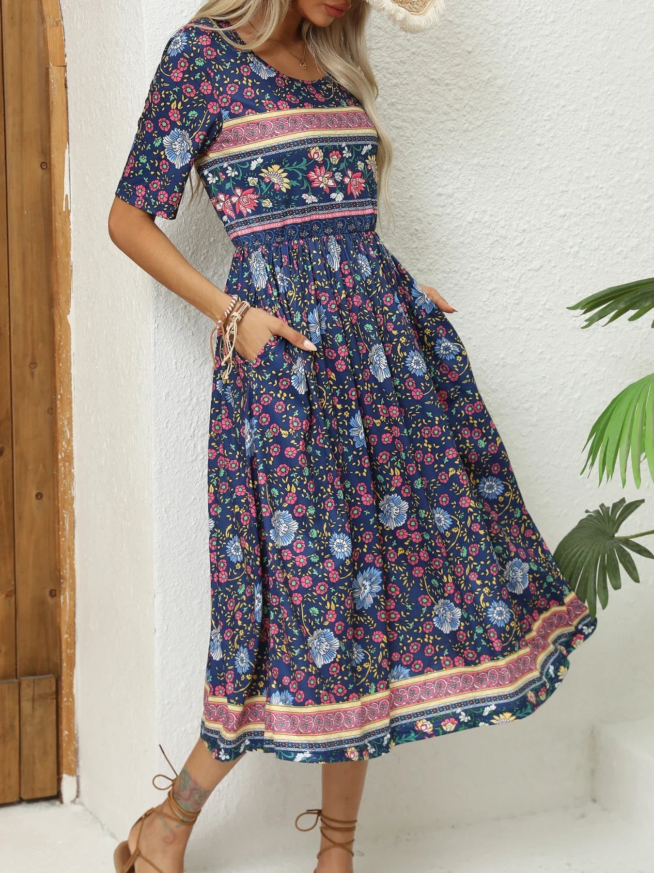 Robe Bohème Imprimée Femme | Col Rond Manches Courtes Poches Coupe Ample | ROBEMODE