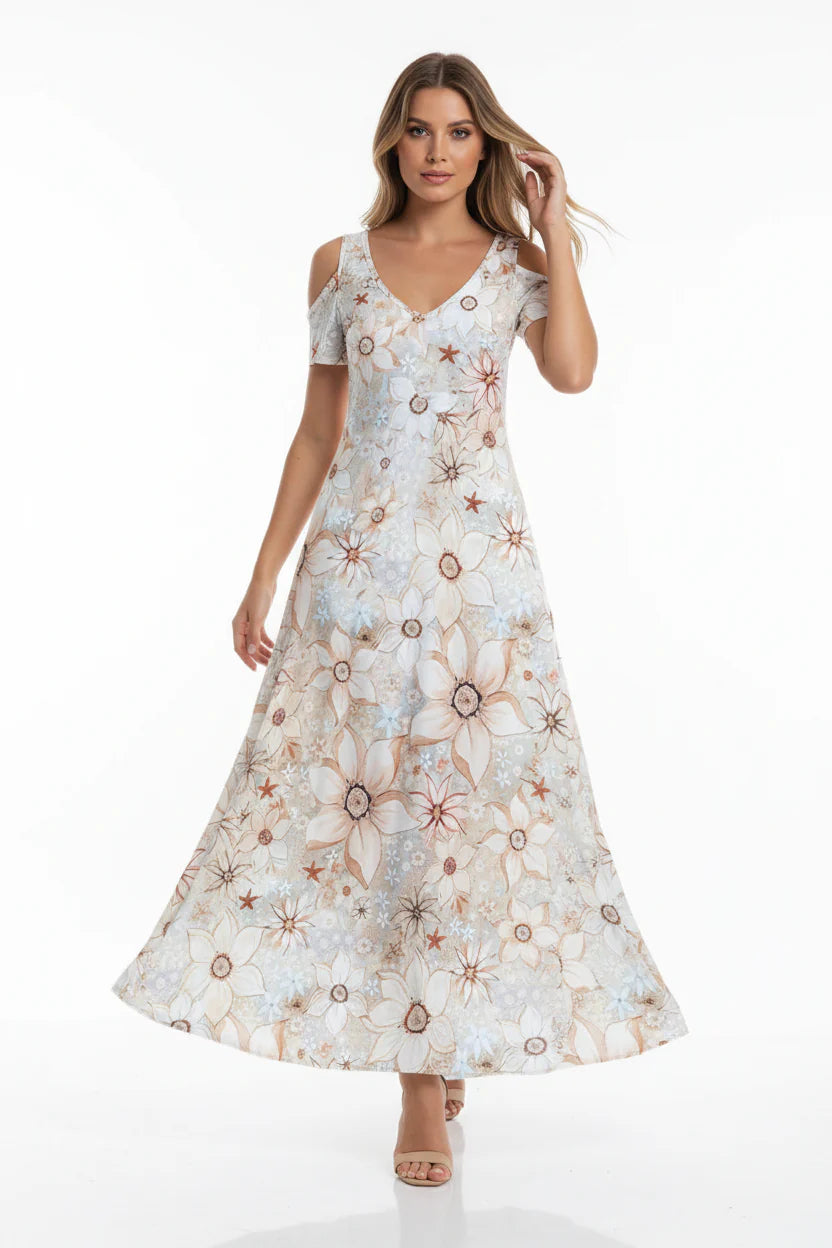 Robe longue fluide femme en dentelle – Col V sans manches | ROBEMODE