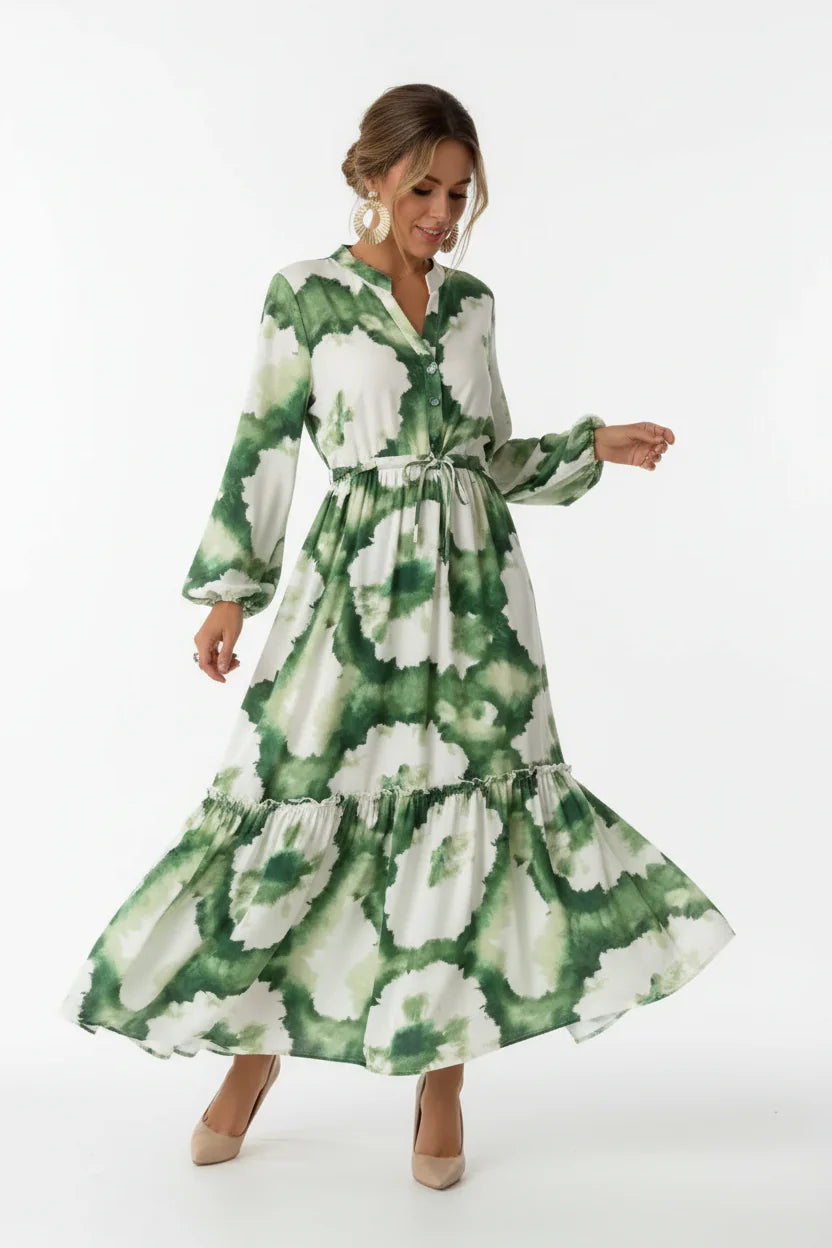 Robe Longue Bohème Femme Imprimée | Manches Longues Col V Laçage Fluide Été | ROBEMODE