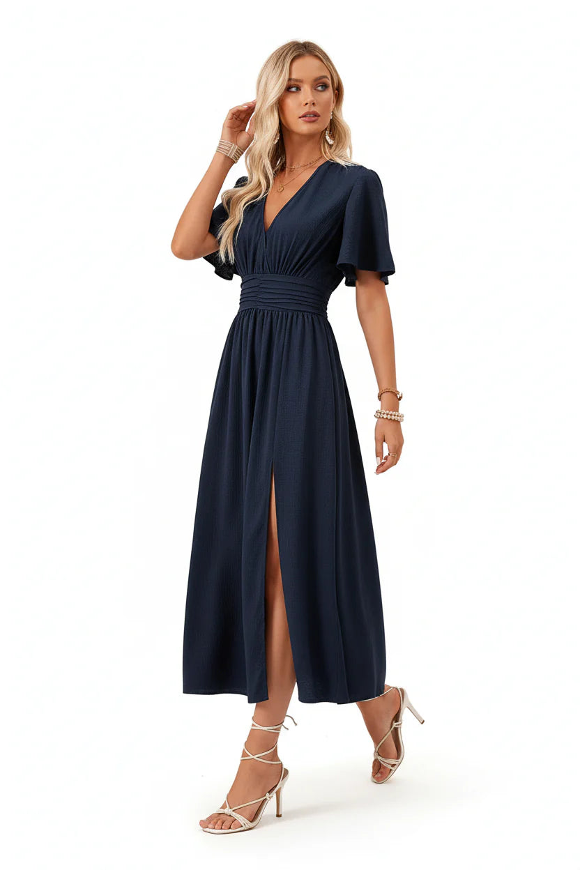 Robe Fluide Femme à Volants Col V | Manches Papillon Mi-Longue Casual Été | ROBEMODE