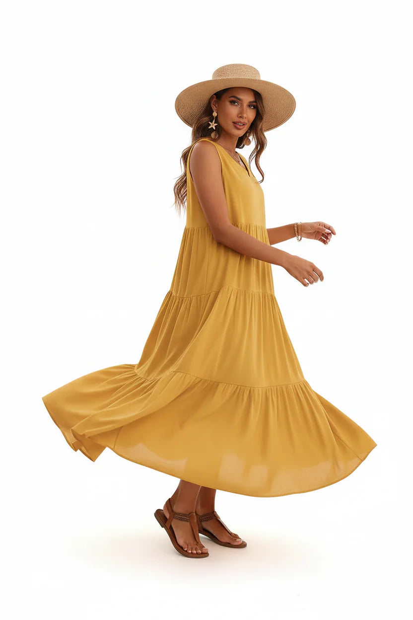 Robe Casual Chic Femme Sans Manches | Col V Mi-Mollet Coupe Ample Légère | ROBEMODE
