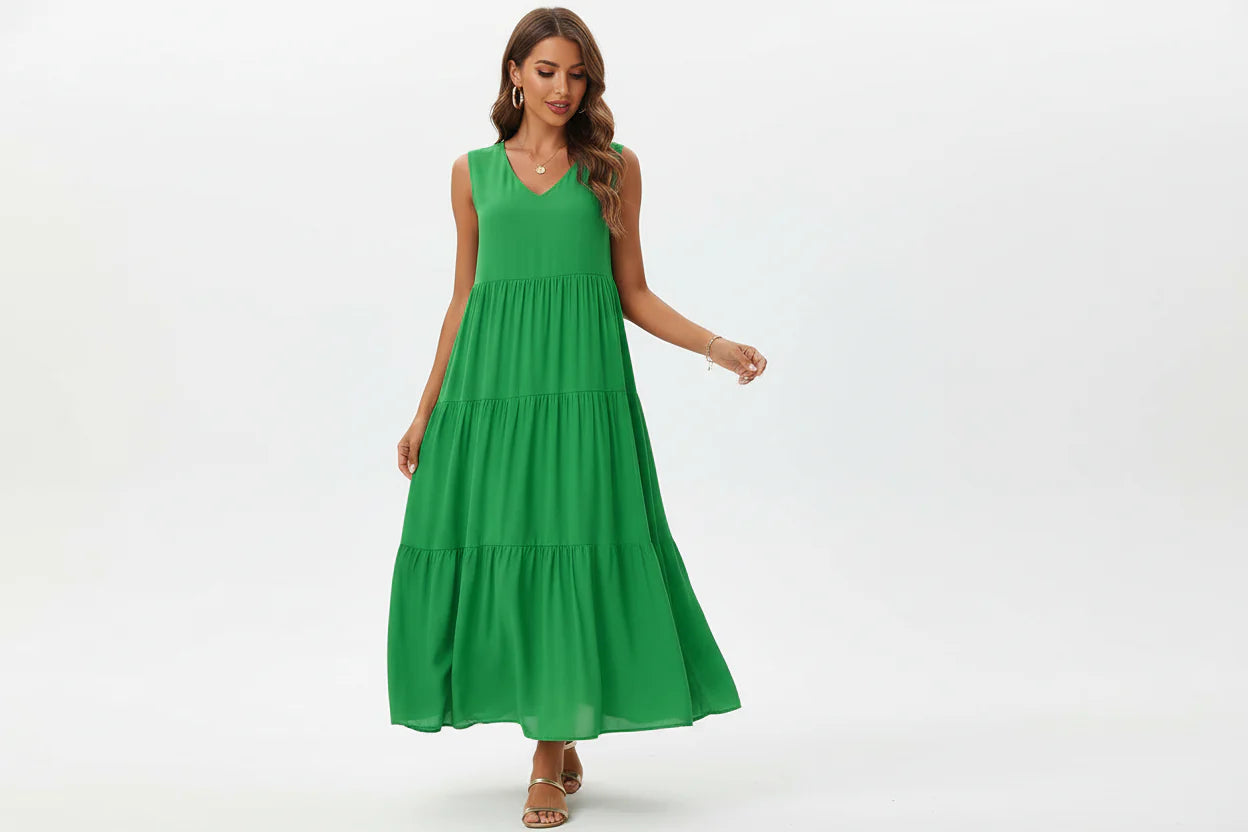 Robe Casual Chic Femme Sans Manches | Col V Mi-Mollet Coupe Ample Légère | ROBEMODE