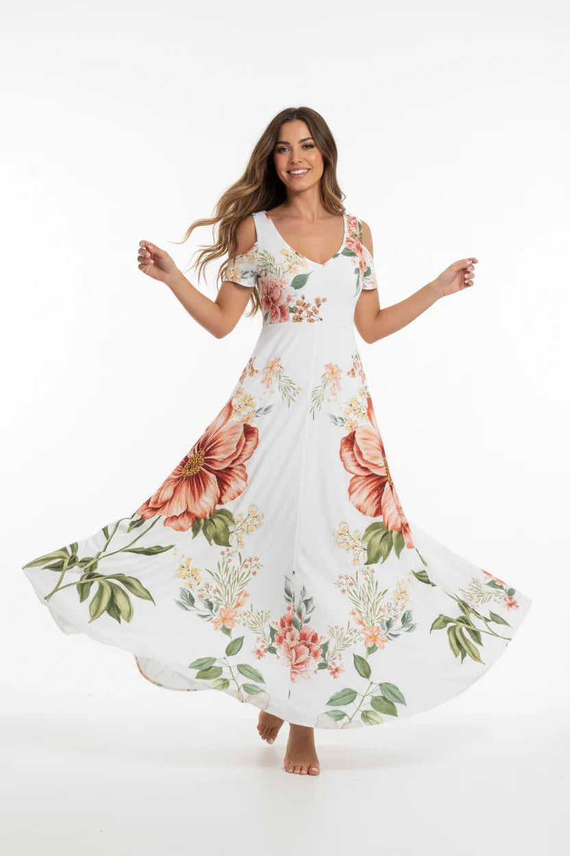 Robe longue fluide femme en dentelle – Col V sans manches | ROBEMODE