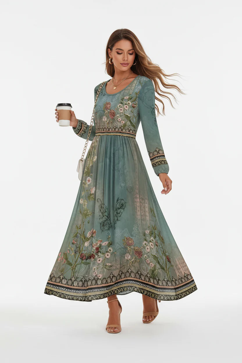 Robe Casual Élégante Femme Imprimée | Col Rond Manches Régulières Mi-Mollet A-Line | ROBEMODE