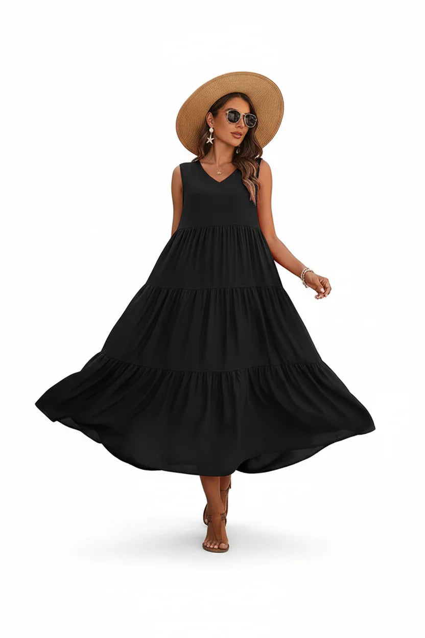 Robe Casual Chic Femme Sans Manches | Col V Mi-Mollet Coupe Ample Légère | ROBEMODE