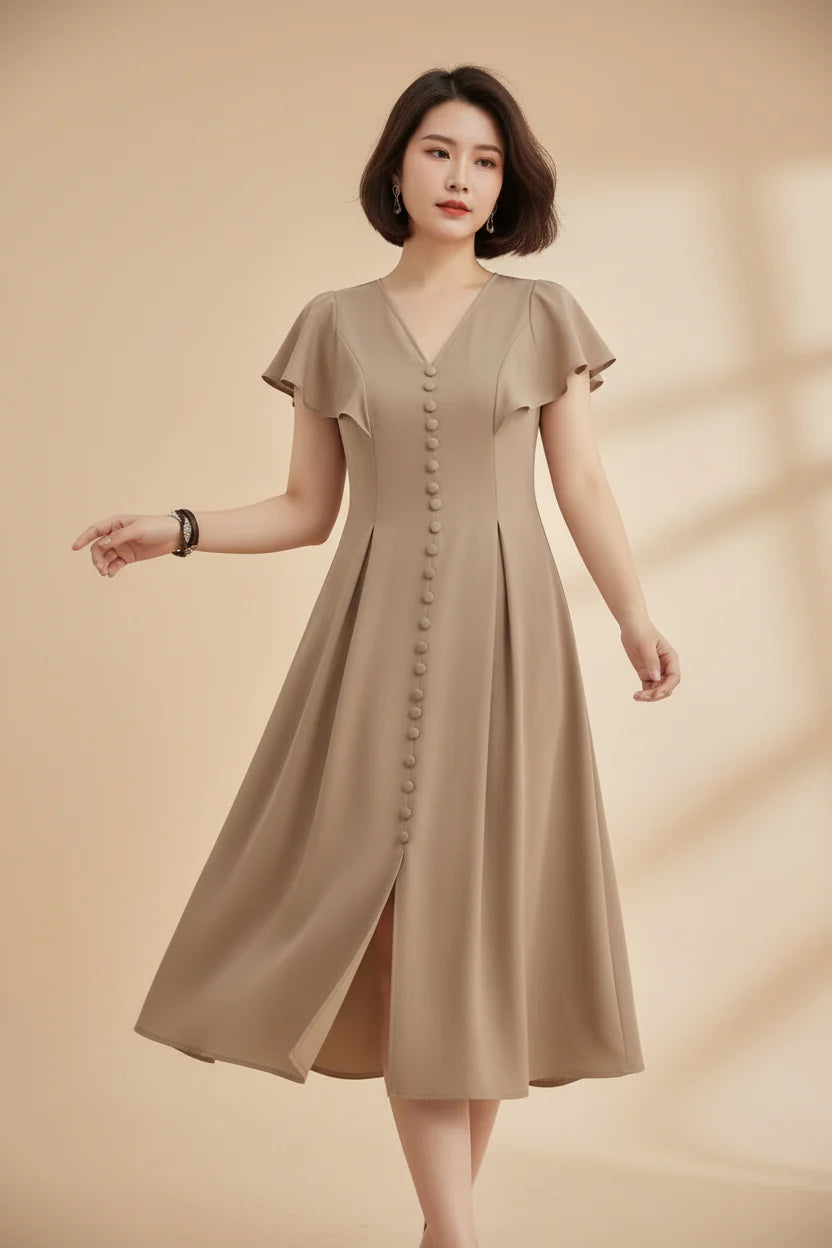 Robe casual élégante pour femme – Coupe fluide à col V et manches papillon | ROBEMODE