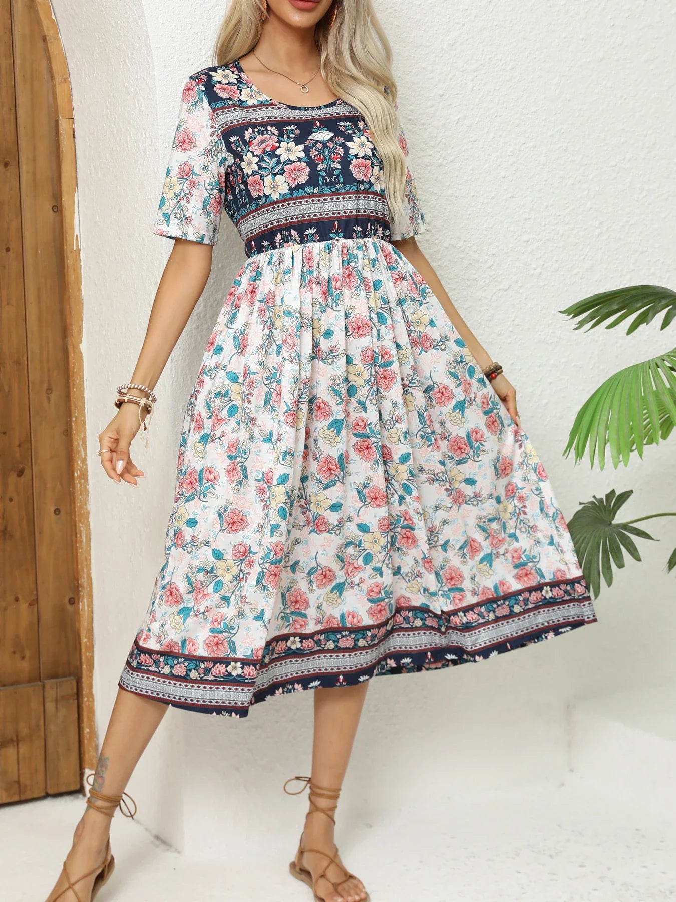 Robe Bohème Imprimée Femme | Col Rond Manches Courtes Poches Coupe Ample | ROBEMODE