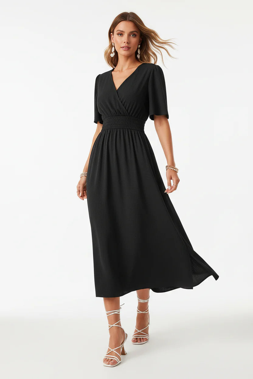 Robe fluide à volants pour femme – Modèle casual mi-long à col V, esprit été | ROBEMODE