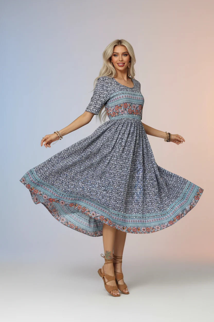 Robe Bohème Imprimée Femme | Col Rond Manches Courtes Poches Coupe Ample | ROBEMODE
