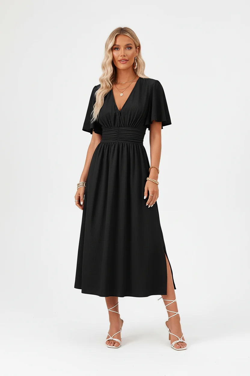 Robe Fluide Femme à Volants Col V | Manches Papillon Mi-Longue Casual Été | ROBEMODE
