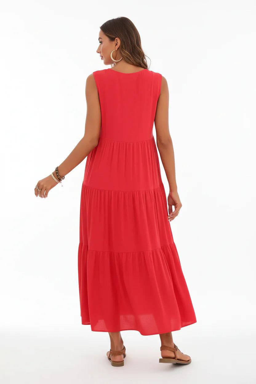 Robe Casual Chic Femme Sans Manches | Col V Mi-Mollet Coupe Ample Légère | ROBEMODE