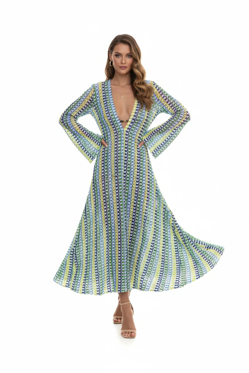 Robe Longue Sirène Femme Ajourée | Crochet Floral Col V Manches Évasées Élégante | ROBEMODE