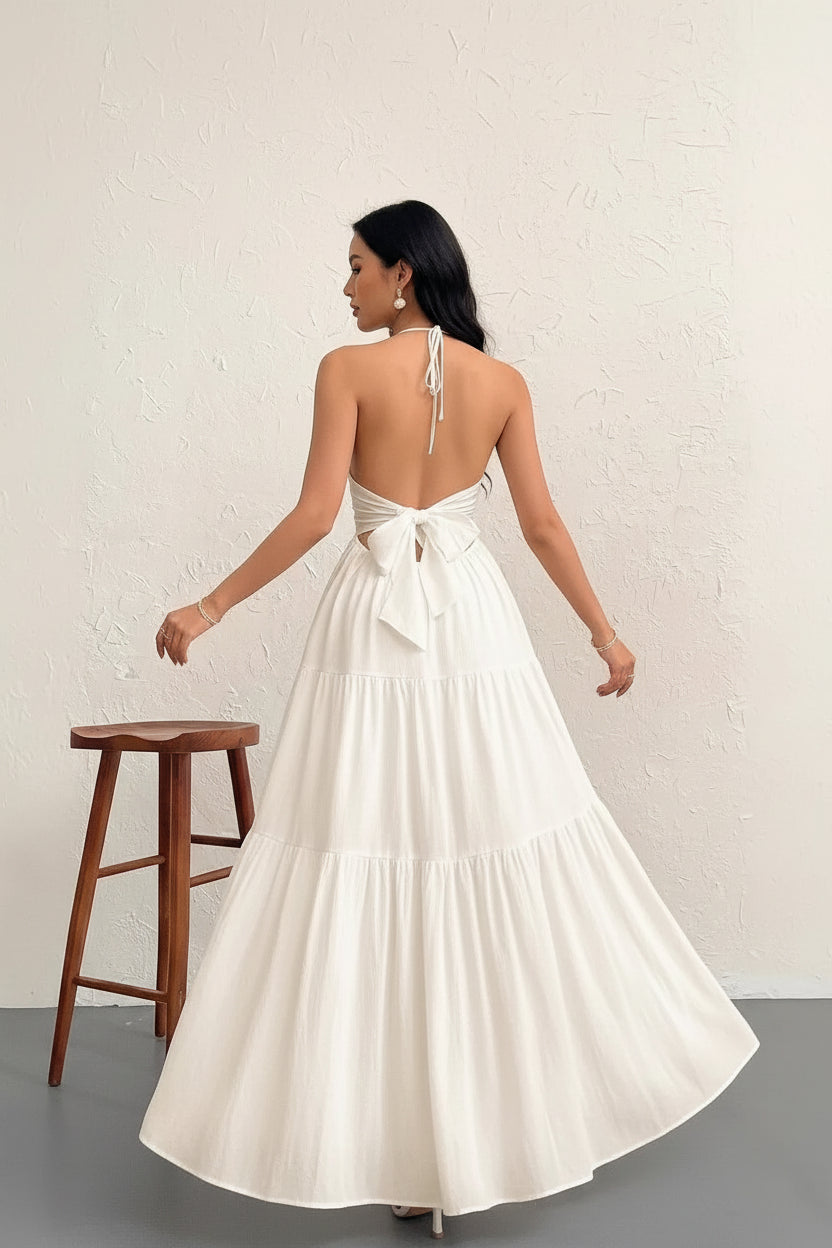 Robe de Plage Longue Dos Nu Col V Plissée | Sans Manches Coupe A-Line Cheville | ROBEMODE